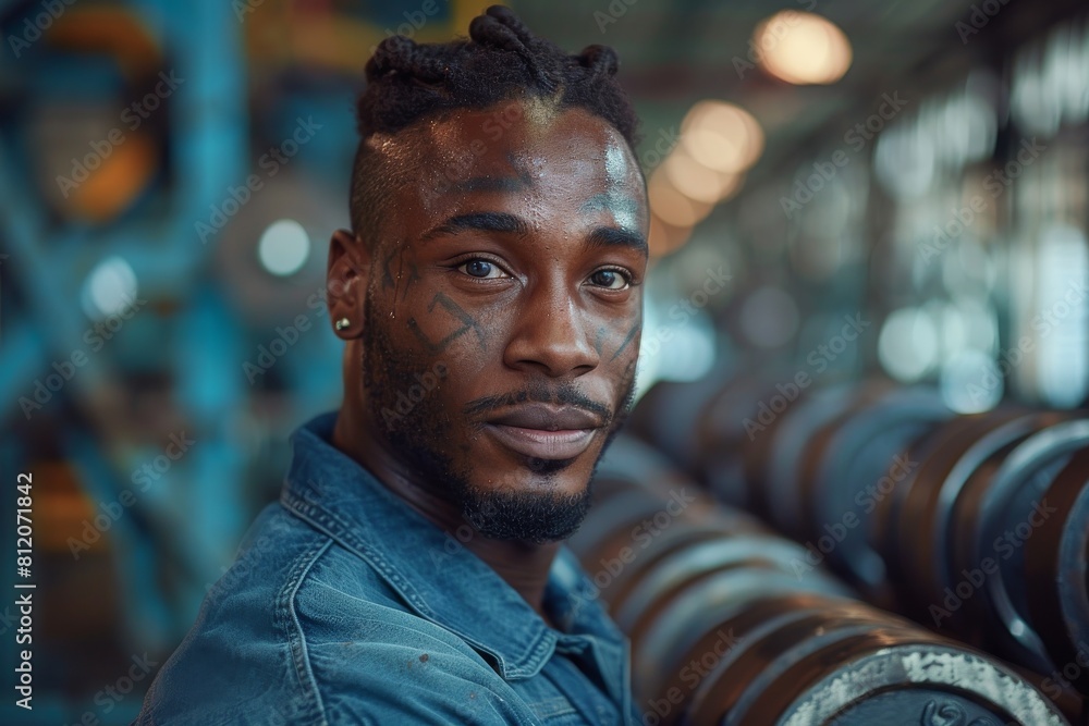 A man with striking blue eyes and tattoos, peering into an ornate mirror A man with striking blue eyes and tattoos, peering into an ornate mirror