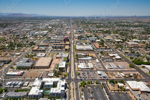 Downtown Mesa, Arizona aerial view from east to west