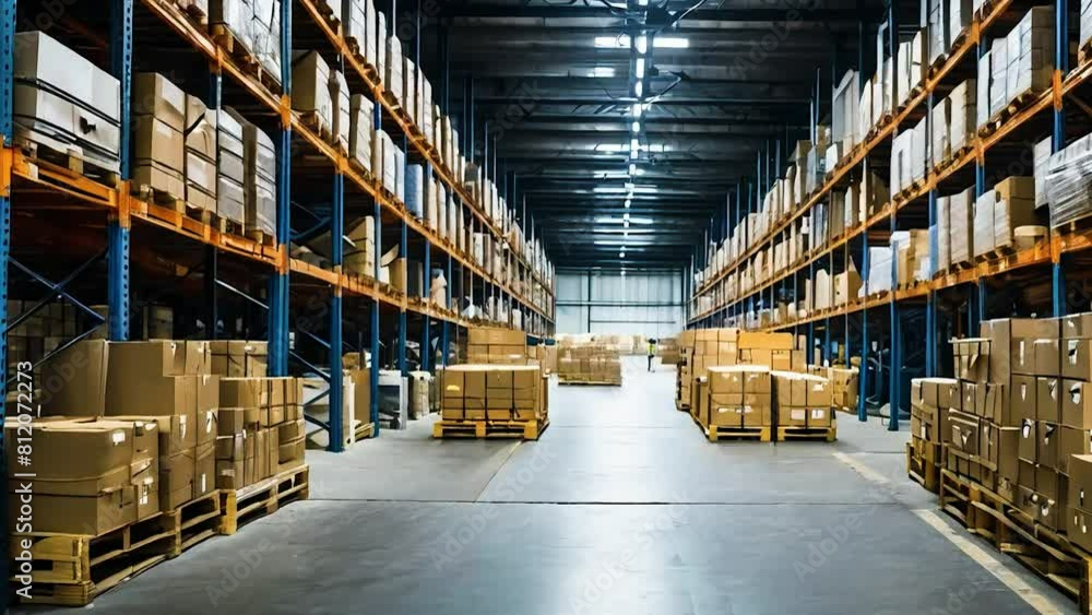 The image shows a large warehouse filled with boxes The image shows a large warehouse filled with boxes