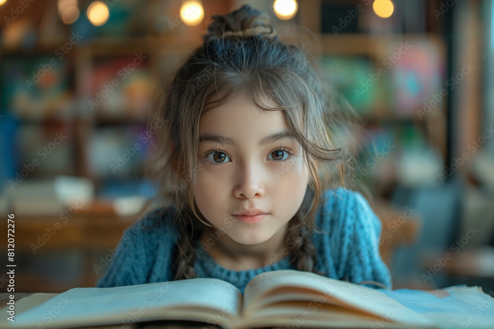 Curious child reading a large book Curious child reading a large book
