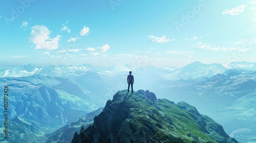 Rear view. Successful Business man standing on the top of the mountain looking at the view. Business success concept