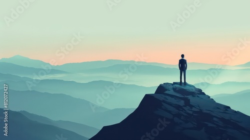 Rear view. Successful Business man standing on the top of the mountain looking at the view. Business success concept