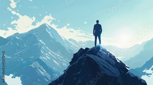Rear view. Successful Business man standing on the top of the mountain looking at the view. Business success concept