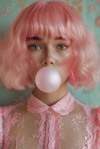Portrait of a beautiful girl with pink hair blowing pink bubble gum