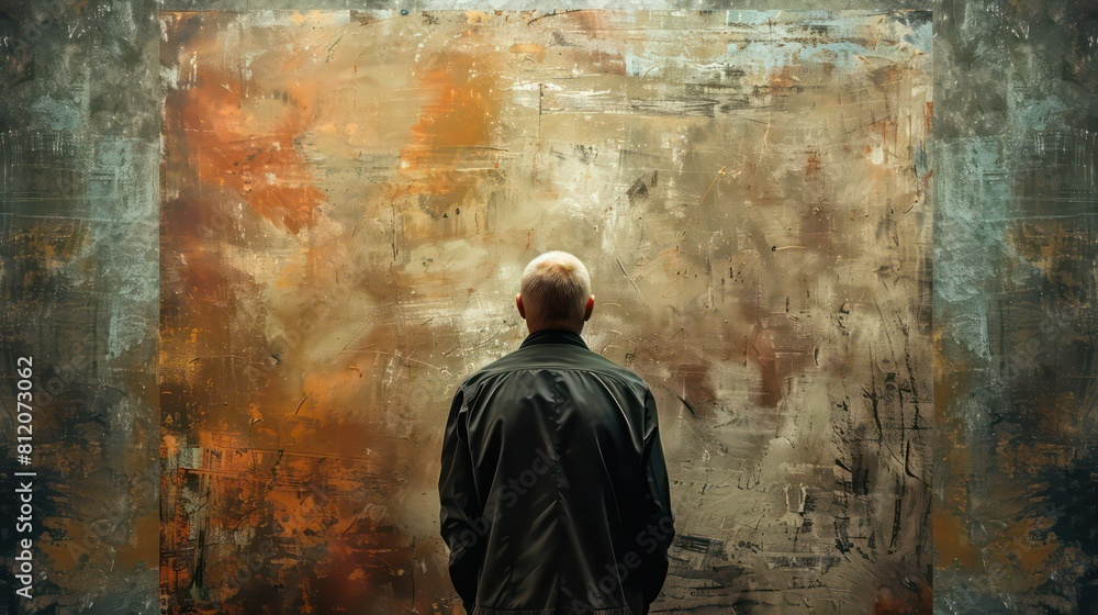 Obraz premium The back of an artists head a lone figure standing in front of a blank canvas pondering their next stroke with an intense stare and furrowed brows capturing the intense focus and dedication