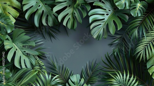 Large tropical leaves on a gray background. The concept of nature. Natural background.