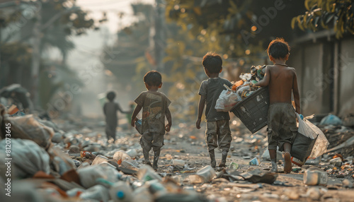 Three children carrying a trash bag walk down a street by AI generated image