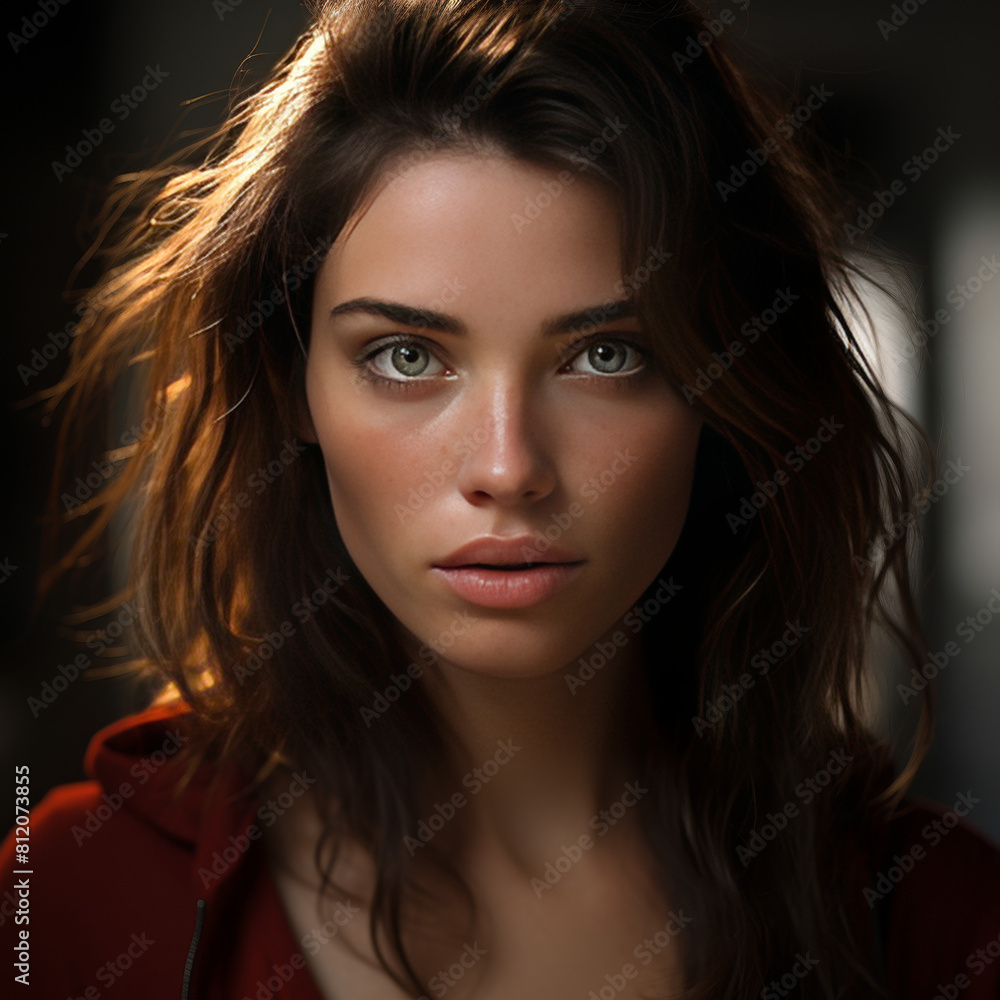 Intense Gaze: Portrait of a Young Woman with Flowing Hair Intense Gaze: Portrait of a Young Woman with Flowing Hair