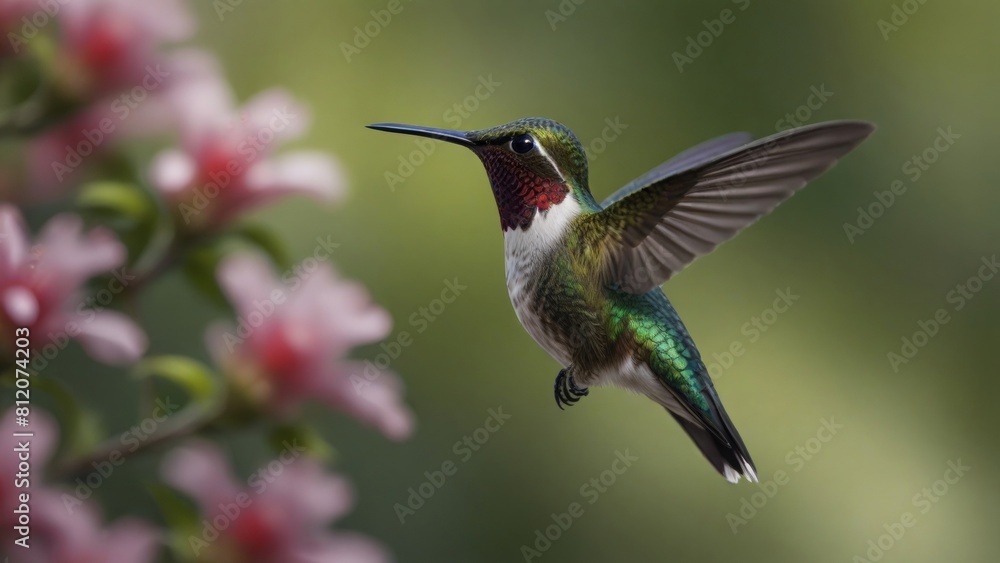 Fototapeta premium A single hovering hummingbird in isolated blurred bokeh spring blossom flower background