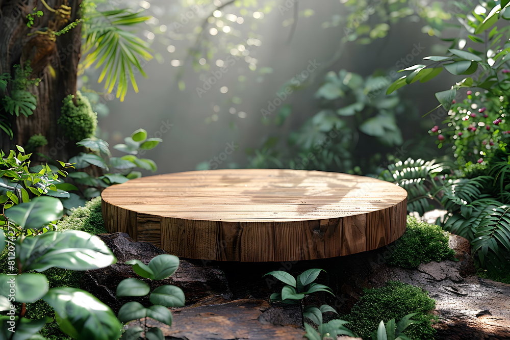 Stone podium at magic forest, plants, green moss, herbs, dew - 3D mockup background beauty product presentation concept. Copy space platform for Cosmetics, perfume fashion sales advertising stand. Stone podium at magic forest, plants, green moss, herbs, dew - 3D mockup background beauty product presentation concept. Copy space platform for Cosmetics, perfume fashion sales advertising stand.