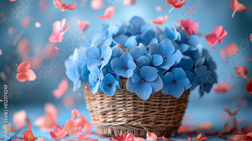 Beautiful hydrangea flower petals fall from above in a basket with flowers (ID: 812074249)