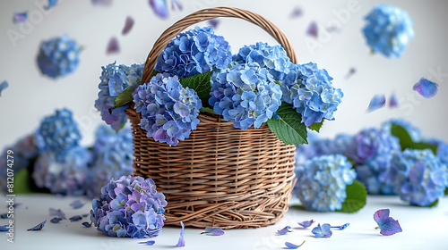 Beautiful hydrangea flower petals fall from above in a basket with flowers (ID: 812074279)