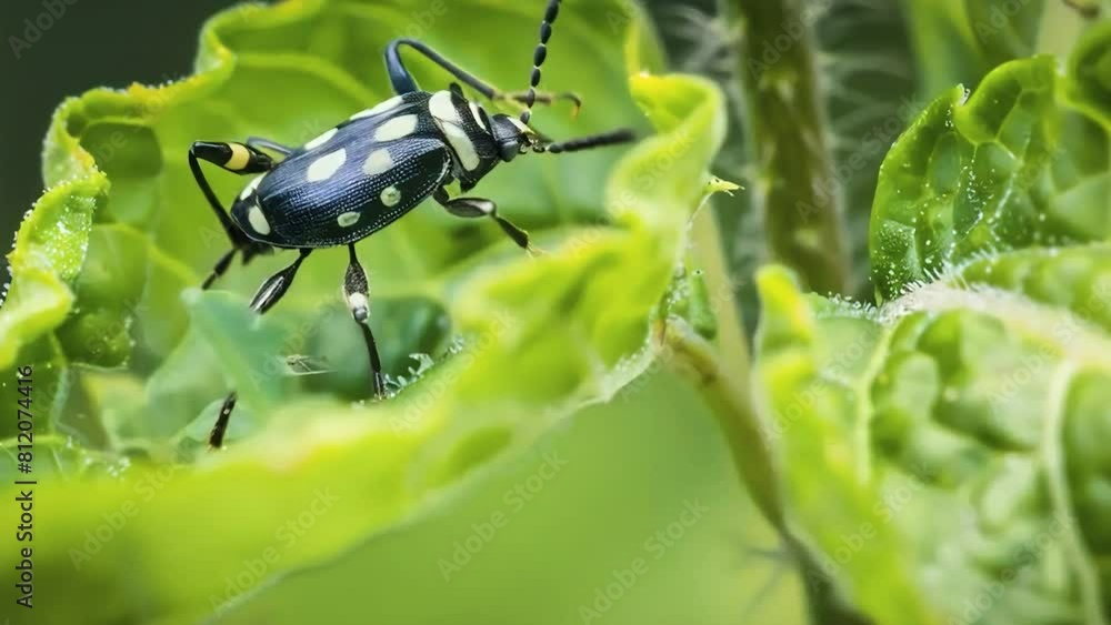 A black and yellow beetle is walking on a green leaf A black and yellow beetle is walking on a green leaf