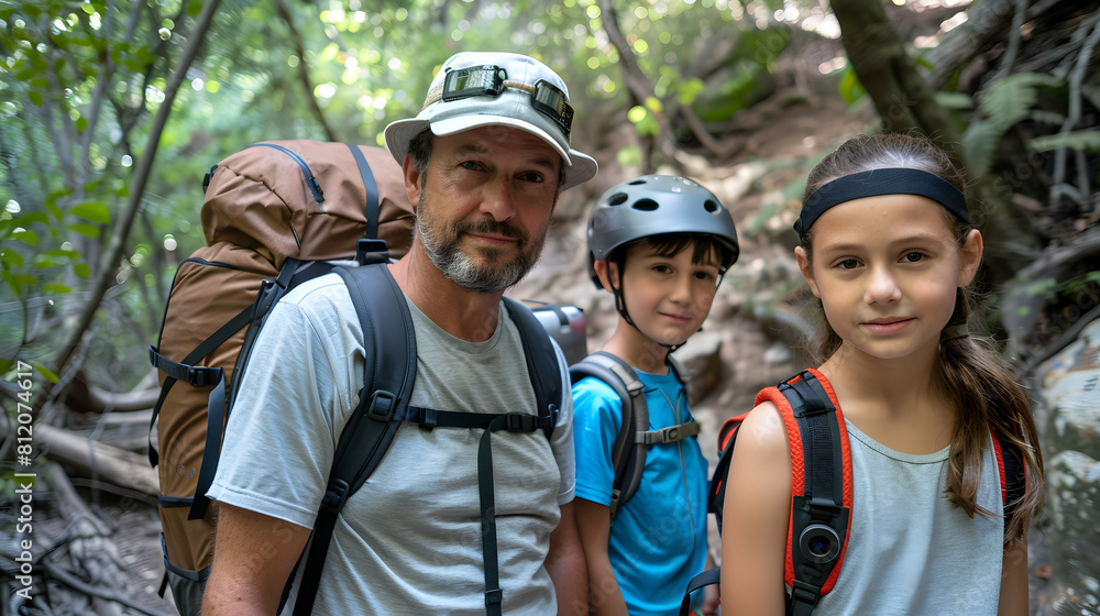 Portrait shot of a dad with his kids exploring Forest on Father's Day.