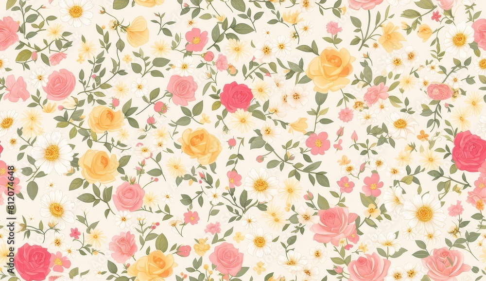 A cute, handdrawn pattern of small flowers in various shades of pink and yellow on a white background. 