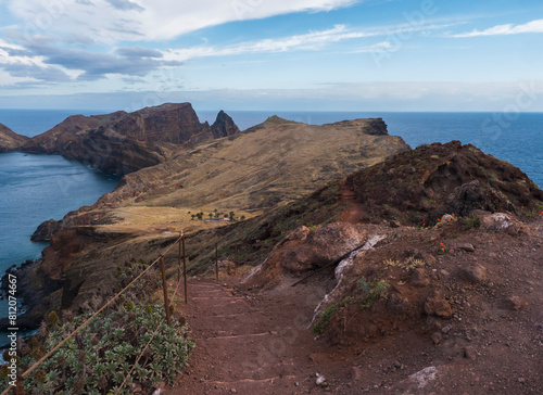 Cape Ponta de Sao Lourenco  Canical  East coast of Madeira Island  Portugal. Scenic volcanic landscape of Atlantic Ocean  rocks and cllifs and cloudy sunrise sky. Views from popular hiking trail PR8