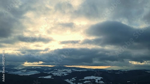 Aerial view of the Poprad Landscape Park in the Beskid Sadecki on a sunny,winter day.
