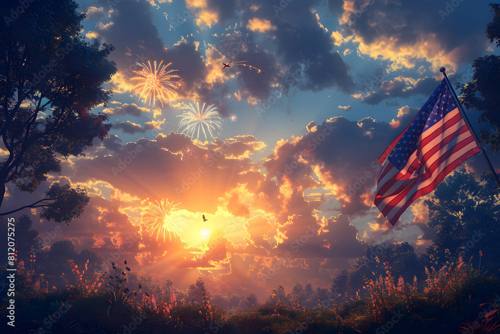 Obraz premium Flying eagle with American flag and fireworks on background, 4 July Independence Day celebration.