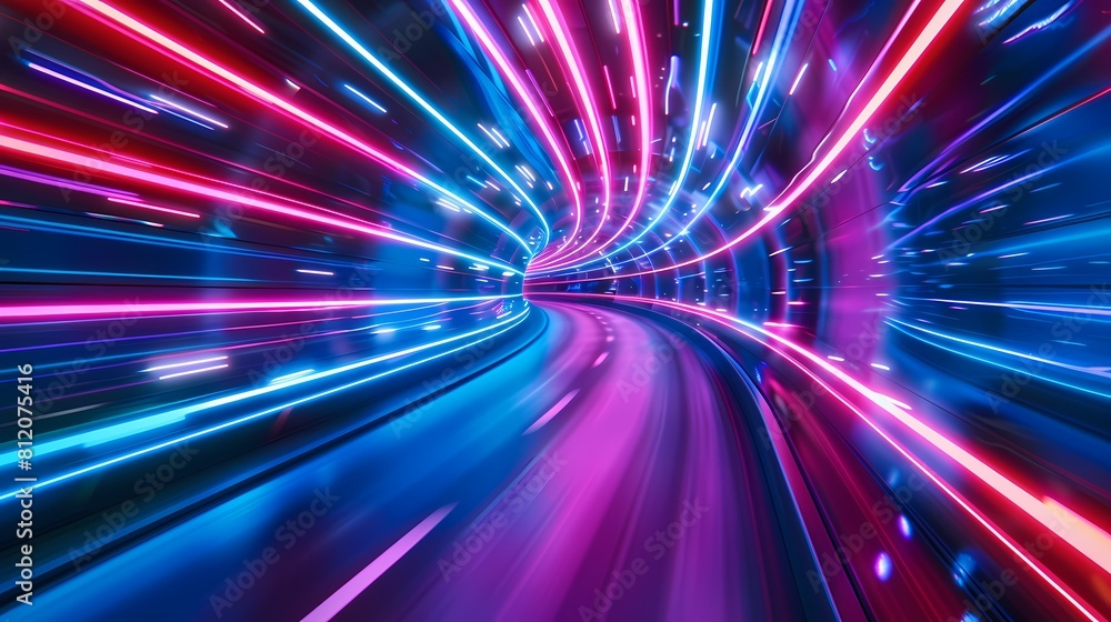 Obraz premium Neon lights streak in a high speed tunnel