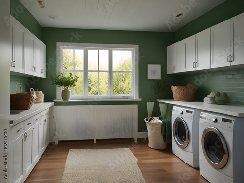 White and green laundry room interior