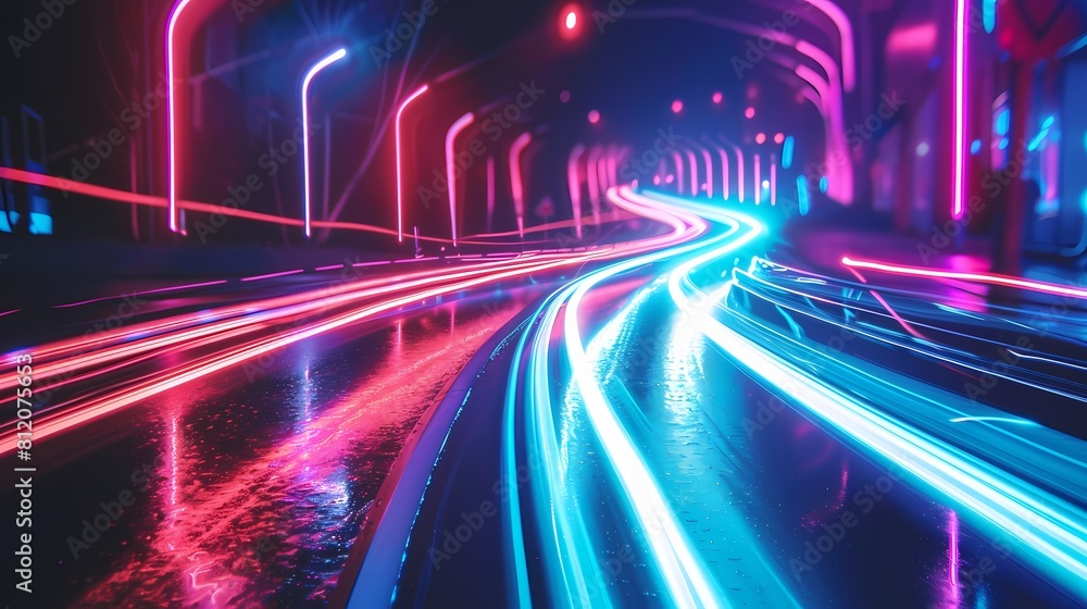 Neon lights streak through the night in a vibrant cityscape Neon lights streak through the night in a vibrant cityscape