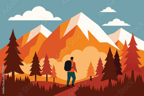 Autumn mountains hiking flat color vector poster