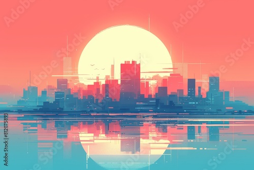 city skyline at sunset  with a large sun setting behind it. The buildings and sky have a red gradient  creating an atmosphere reminiscent of a retrofuturistic style. 