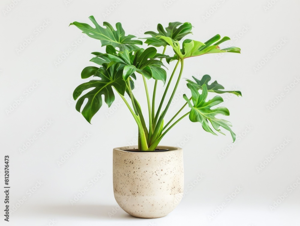 Tropical Philodendron Selloum in a Potted Flowerpot for Home Decor. Isolated on White Background. Tropical Philodendron Selloum in a Potted Flowerpot for Home Decor. Isolated on White Background.