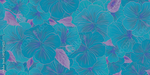Wide tropical pattern  fantasy blue wallpaper. Hibiscus flowers and buds. Drawn stylized floral seamless wallpaper.