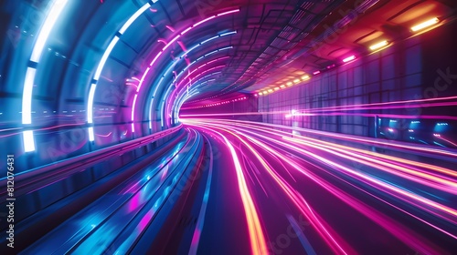 A high speed tunnel awash in vibrant neon lights