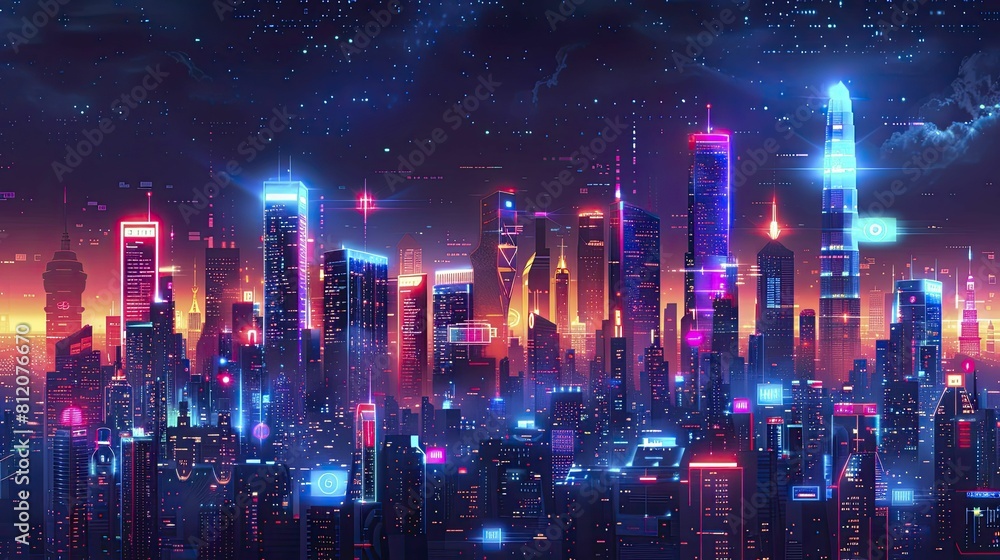 High tech urban skyline with glowing neon lights and digital billboards in minimal style.