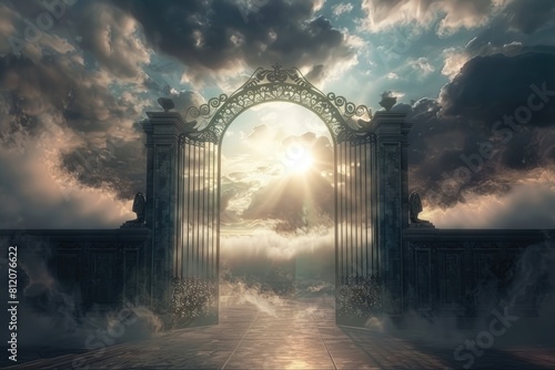 Heavenly Entrance: Pearly Gates Landscape Bathed in Light and Clouds photo