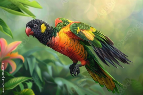 Beija Flor - The Majestic Bird of Nature, Perching on a Beautiful Flower with its Colorful Feathers photo