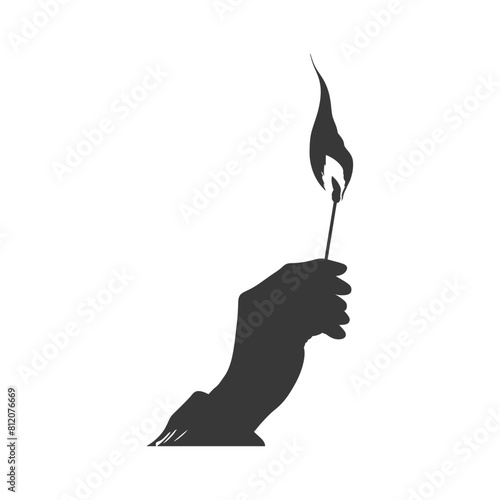 Silhouette hand holding burning match black color only