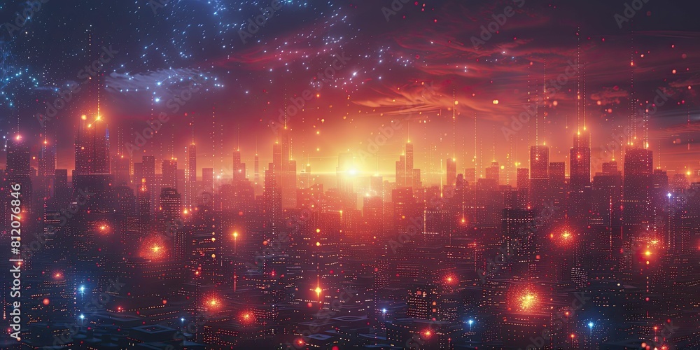 Obraz premium Minimalist art of a neon city with floating advertising holograms and digital fauna.
