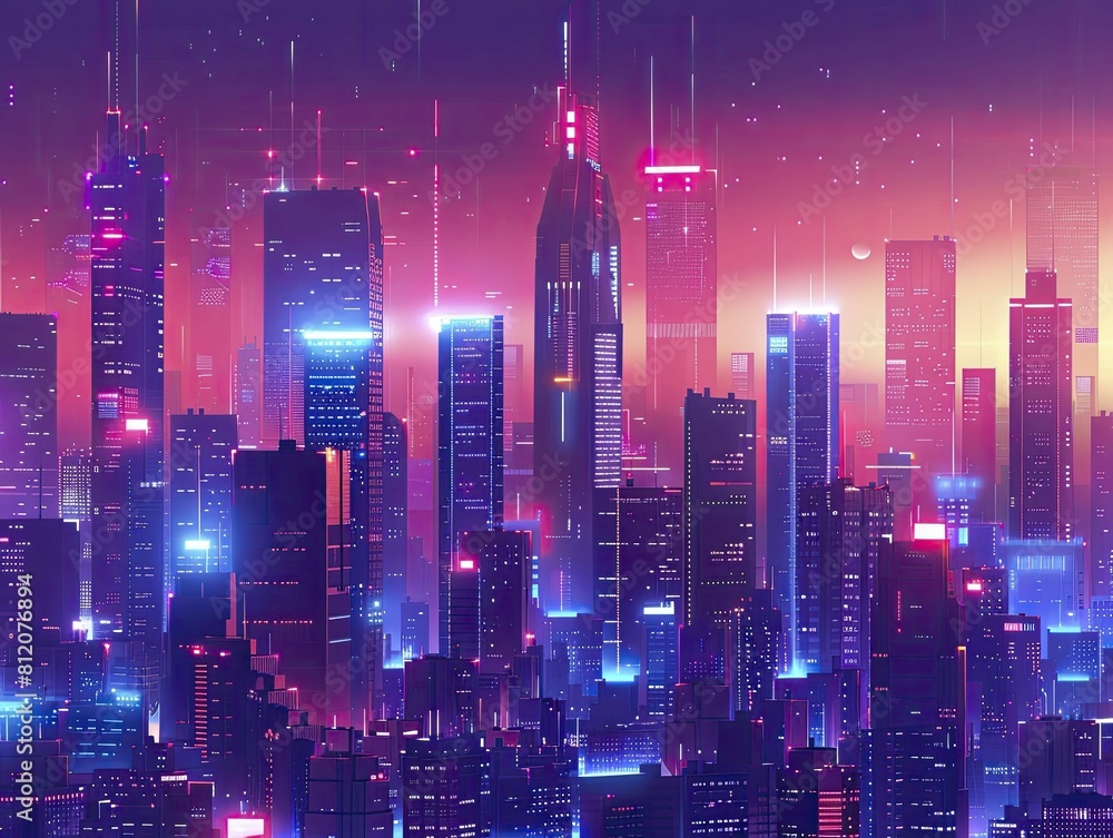 Panoramic view of a high tech city at dusk with skyscrapers glowing in neon hues.