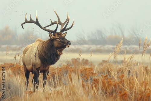 Tule Elk Bull in California Grizzly Island Marshland - Majestic Mammal Stands Strong Against Wind photo