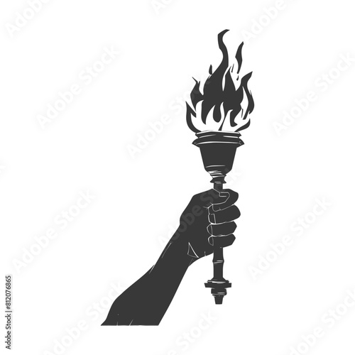 Silhouette hand holding burning torch black color only