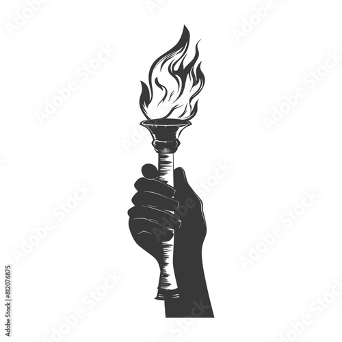 Silhouette hand holding burning torch black color only