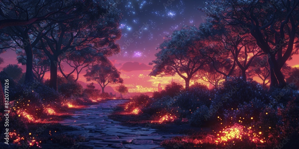 Design of a futuristic city park illuminated by neon plant lights and digital landscapes. Design of a futuristic city park illuminated by neon plant lights and digital landscapes.