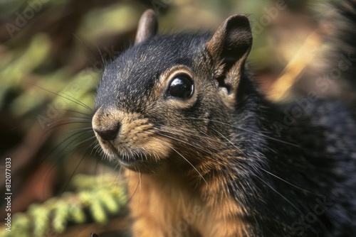 Close-up of Douglas Squirrel with Ear Tufts and Bushy Tail in North America: Watching and Staring.