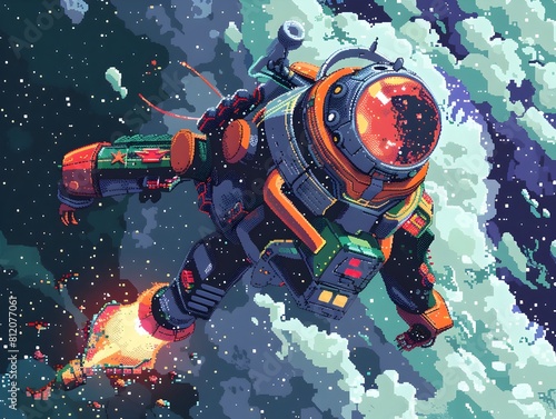 Pixel Art Animation: Exhilarated Alien Explorers Diving into Uncharted Galaxies photo