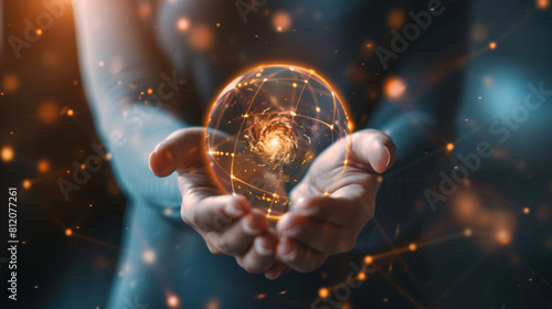 Pair of hands holding a transparent globe with digital connections and nodes superimposed representing network global communication connection. Futuristic connected map point