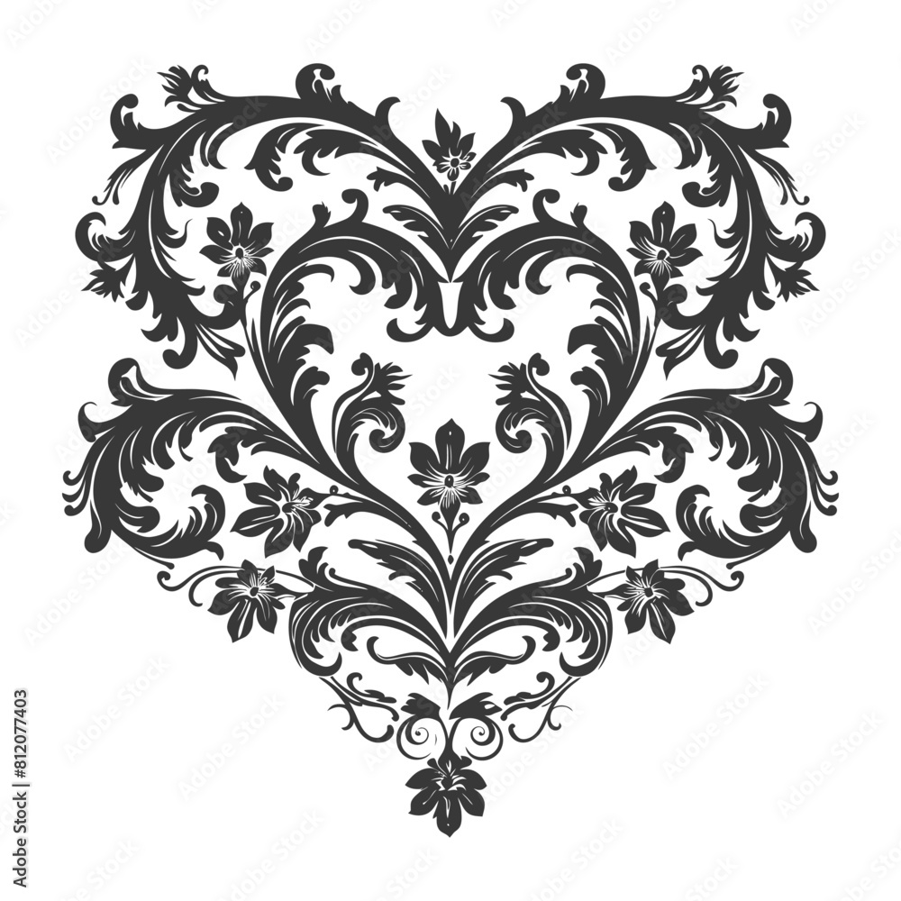 Silhouette Hearth shape Baroque ornament with filigree floral element black color only Silhouette Hearth shape Baroque ornament with filigree floral element black color only