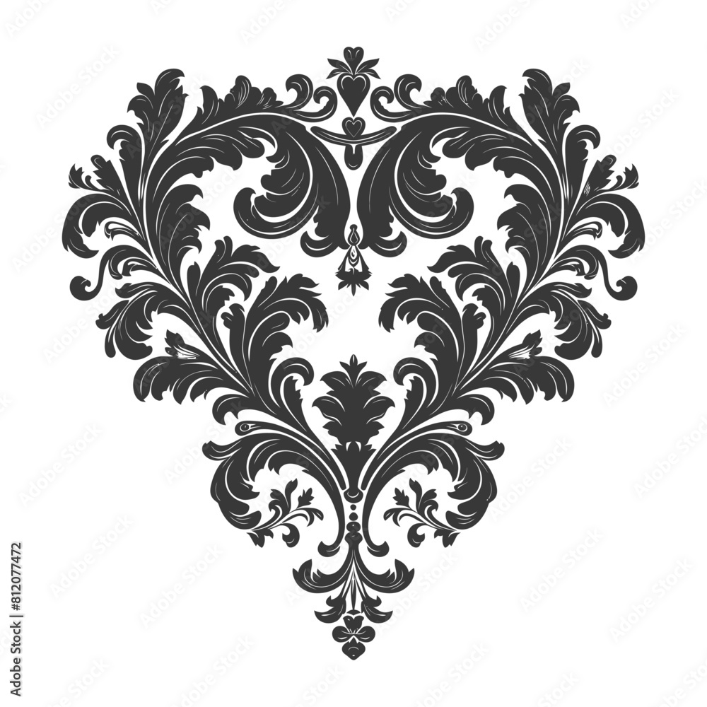 Silhouette Hearth shape Baroque ornament with filigree floral element black color only