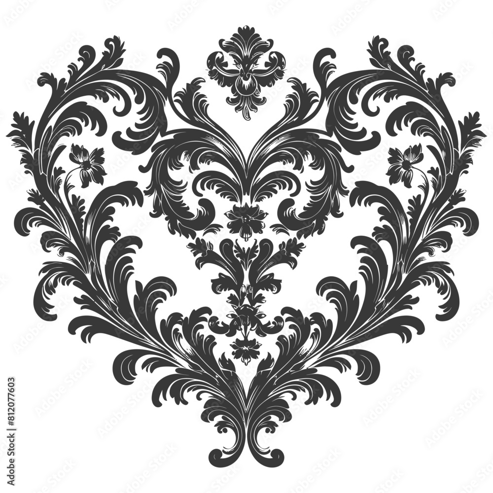 Silhouette Hearth shape Baroque ornament with filigree floral element black color only