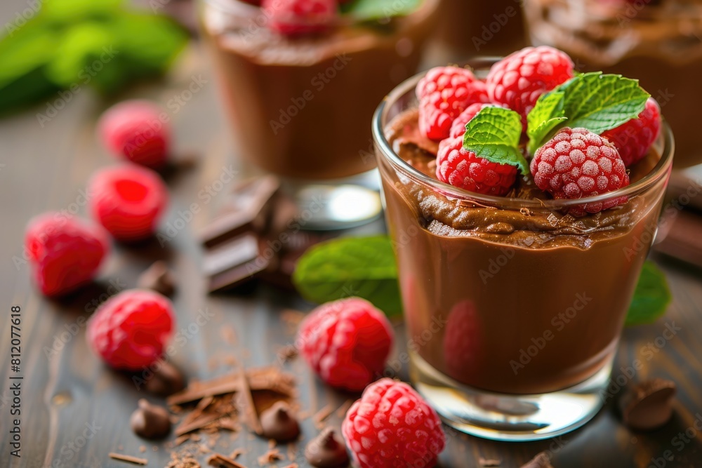 Decadent Chocolate Nutella Mousse Dessert with Fresh Raspberries and Mint in a Glass Decadent Chocolate Nutella Mousse Dessert with Fresh Raspberries and Mint in a Glass