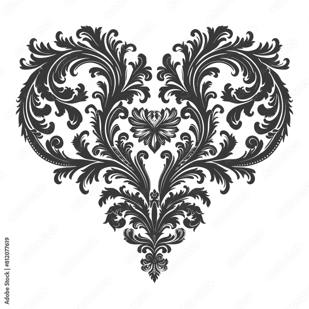 Silhouette Hearth shape Baroque ornament with filigree floral element black color only