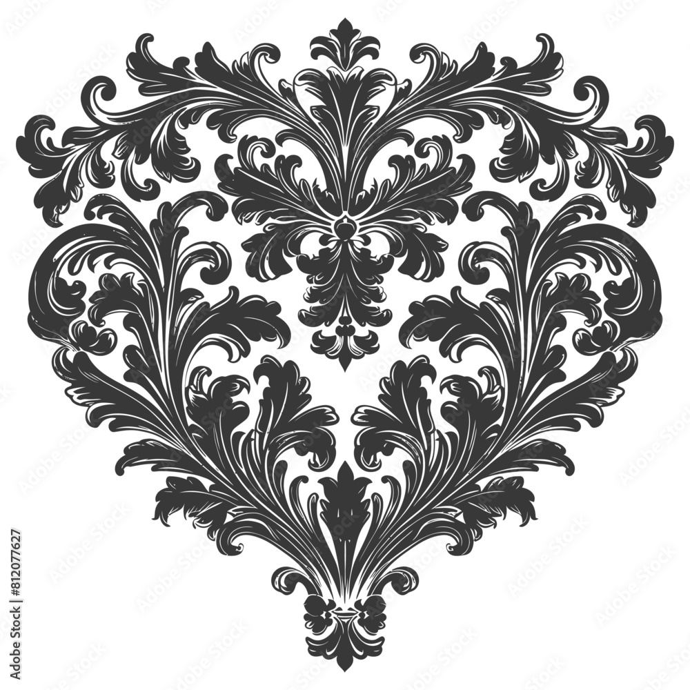 Silhouette Hearth shape Baroque ornament with filigree floral element black color only Silhouette Hearth shape Baroque ornament with filigree floral element black color only