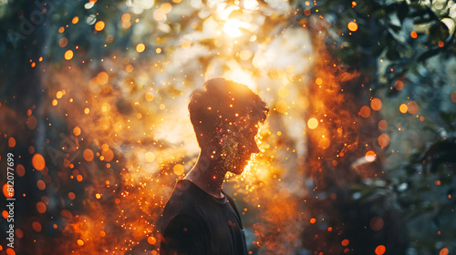 Young man standing in the middle of a dark forest But there are light particles from sunlight. Shining in Pictures that convey hope State of mind concept photo